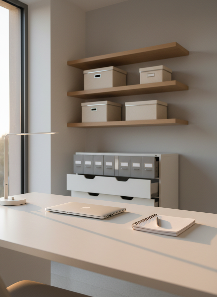 A minimalist home office after professional organizing, with a clean desk, aligned shelves, and warm afternoon light — calm and completely clutter-free.