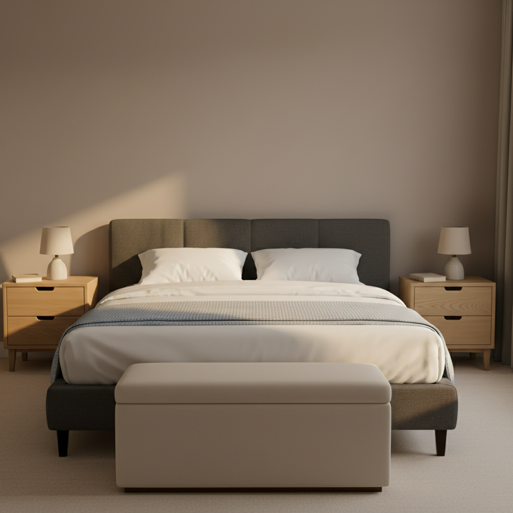 A tranquil, organized bedroom in photographic realism, emphasizing restful simplicity. A low upholstered bed with a crisp white duvet and neatly folded pale blue throw is centered against a soft taupe wall. Matching nightstands each hold a single small lamp and one closed book, nothing more. A slender storage bench at the foot of the bed is closed, hinting at hidden, orderly storage. Late afternoon natural light pours in from a large unseen window, creating a warm, golden wash across the room and gentle shadows under the furniture. Shot at eye level with balanced, symmetrical framing and sharp focus, the mood is soothing, safe, and clutter-free, subtly suggesting the emotional relief of a reclaimed space.