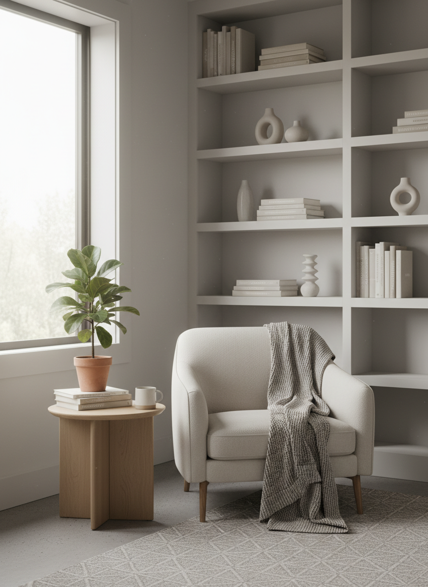 A calm, minimal organized home office with soft natural light